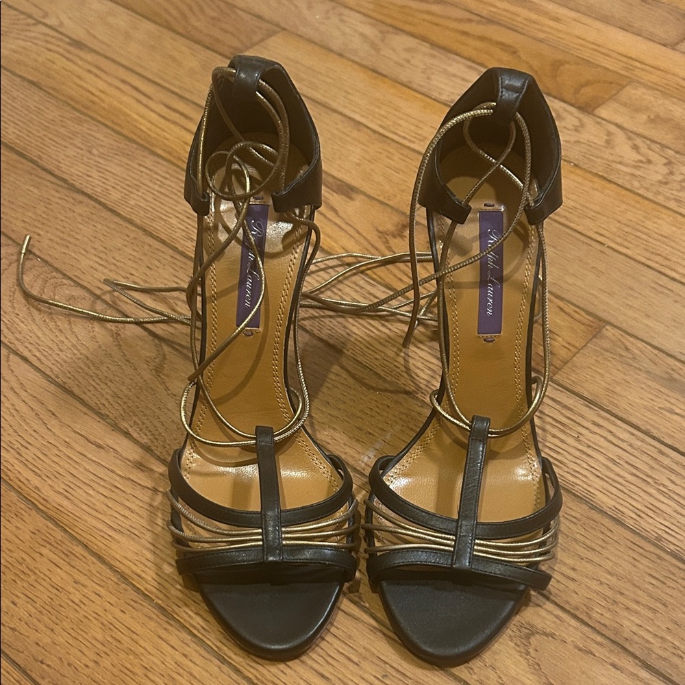 Ralph Lauren Black and Gold Strappy Heels